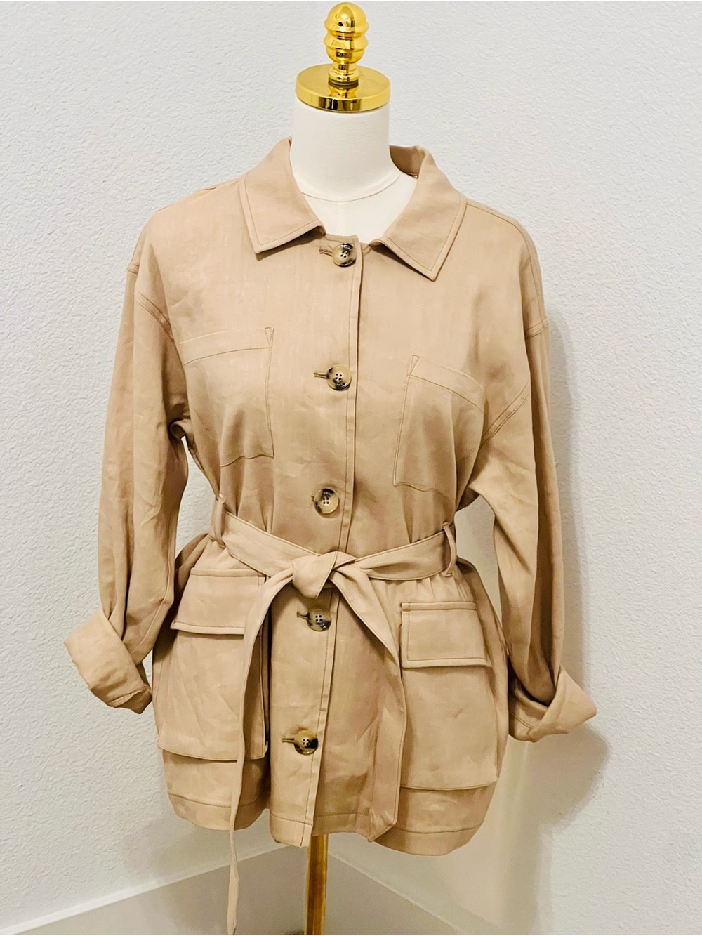 FRAME NWT Linen Blend Belted Safari Utility Jacket Sand Small MSRP $598